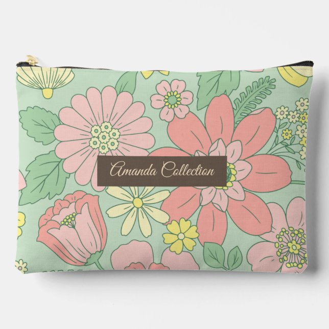 Custom beautiful hand drawn flowers in Pastel Pink Accessory Pouch (Front)