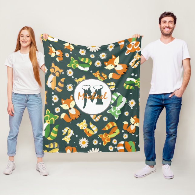 Custom beautiful raccoons script safari navy blue fleece blanket (In Situ)