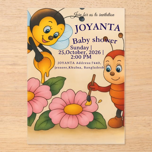 Custom bee baby shower  acrylic invitations (Front)