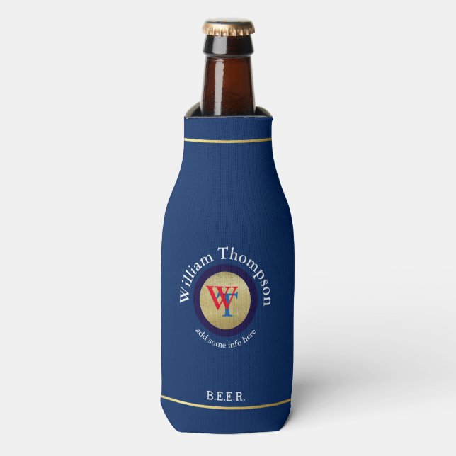 custom beer monogram (name & initials) on blue bottle cooler (Bottle Front)