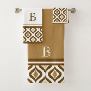 Custom Beige Brown White Retro Chic Ikat Ogee Bath Towel Set