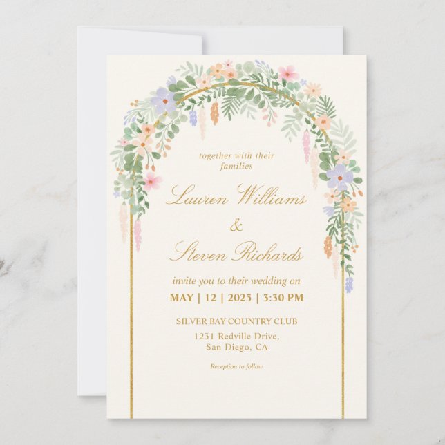 Custom Beige Green Blue Gold Floral Arch Wedding Invitation (Front)
