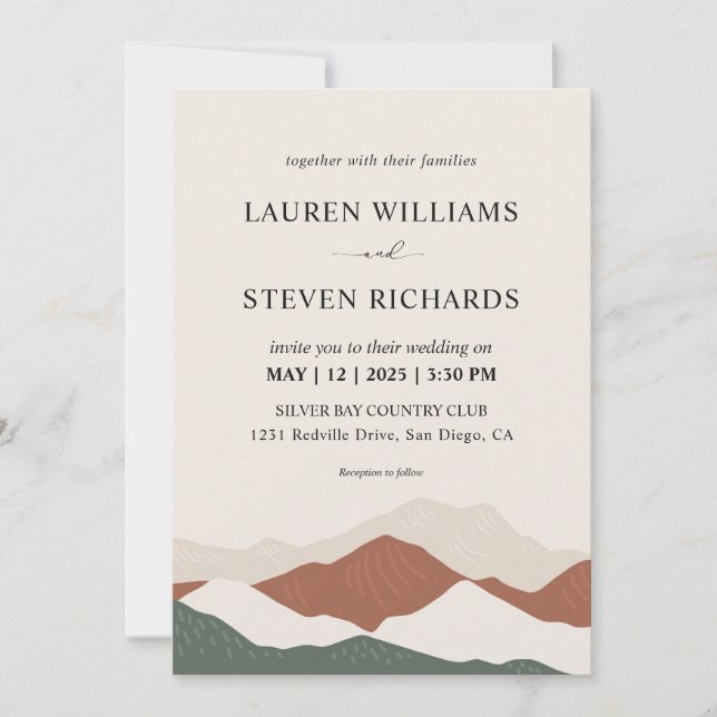 Custom Beige Grey Abstract Mountains Wedding Invitation (Front)
