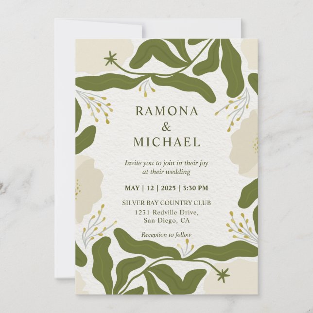 Custom Beige Grey Green Forest Floral Fest Wedding Invitation (Front)
