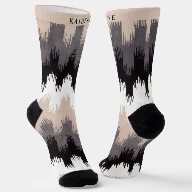 Custom Beige Grey White Black Fancy Pattern Socks (Angled)