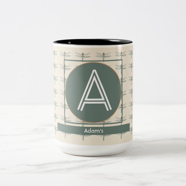 CUSTOM BEIGE OLIVE RETRO DRAGONFLY Two-Tone COFFEE MUG (Center)