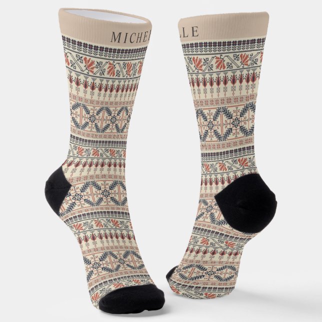 Custom Beige Pink Red Black  Aztec Pattern Socks (Angled)
