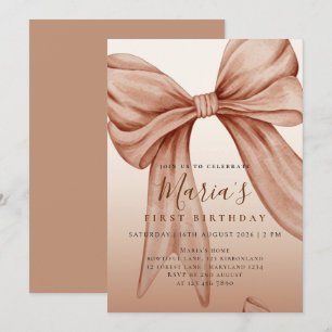Custom Beige Watercolor Bow First Birthday Invitation