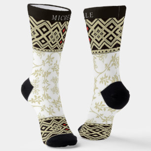 Custom Beige White Gold Red Floral Aztec Pattern Socks