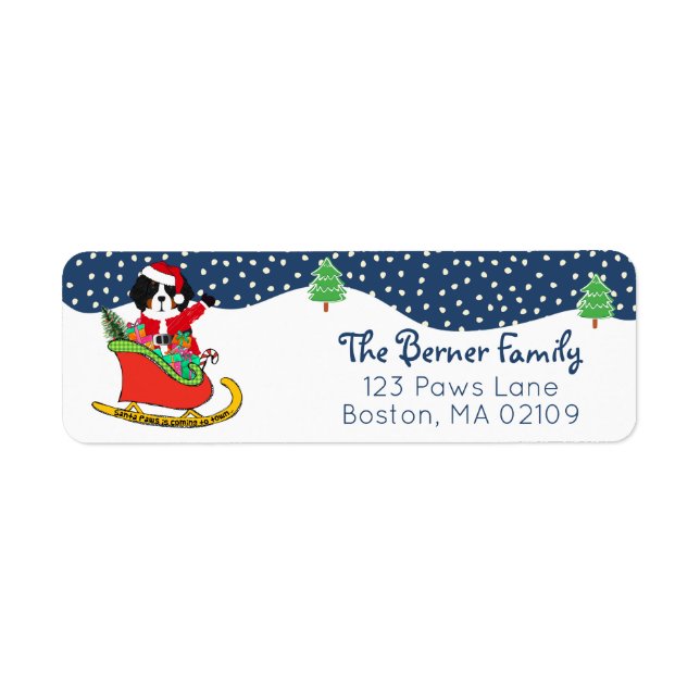 Custom Bernese MT Dog Santa's Sleigh Return Address Label (Front)