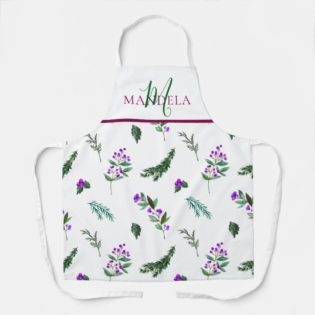 Custom Berry Greenery Monogram Floral Design Apron (Front)