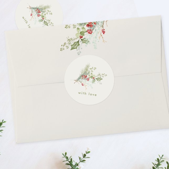 custom berry red botanical holiday christmas classic round sticker (Creator Uploaded)