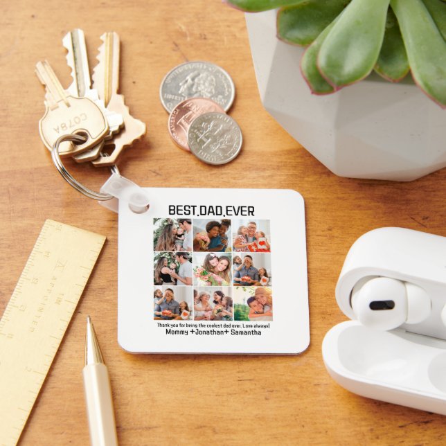 Custom Best Dad Ever Fathers Day 9 Photo Collage Key Ring (Desk)