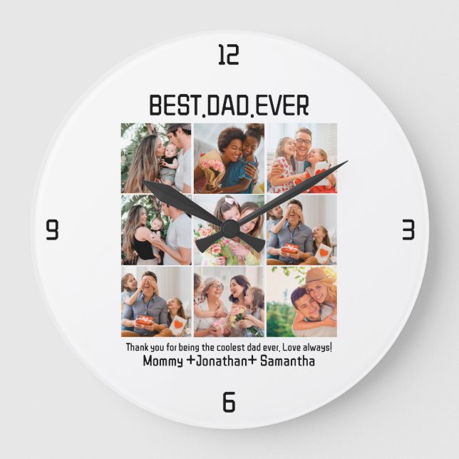 Custom Best Dad Ever Fathers Day 9 Photo Collage Large Clock (Front)