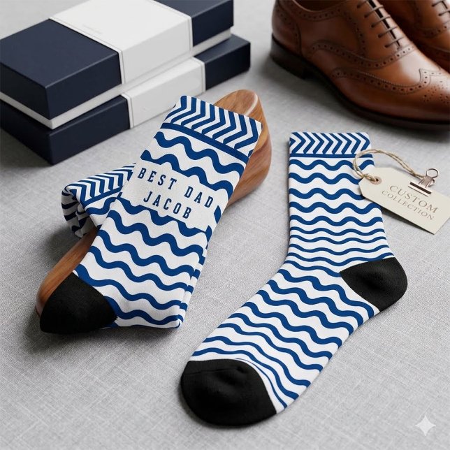 Custom Best Dad Name Blue Wave Pattern Socks (Creator Uploaded)
