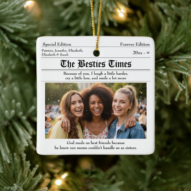 Custom Best Friends Newspaper 2 Photos Ceramic Ornament (Tree)
