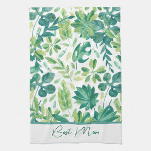Custom Best Mum Tropical Monstera Leaf Green Teal  Tea Towel