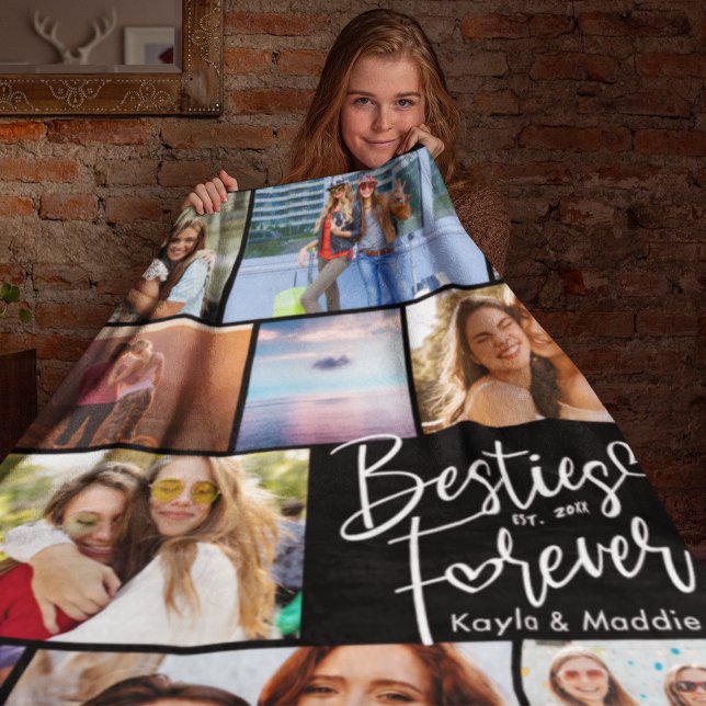 Custom Besties BFF Modern Script Photo Collage Fleece Blanket (Creator Uploaded)
