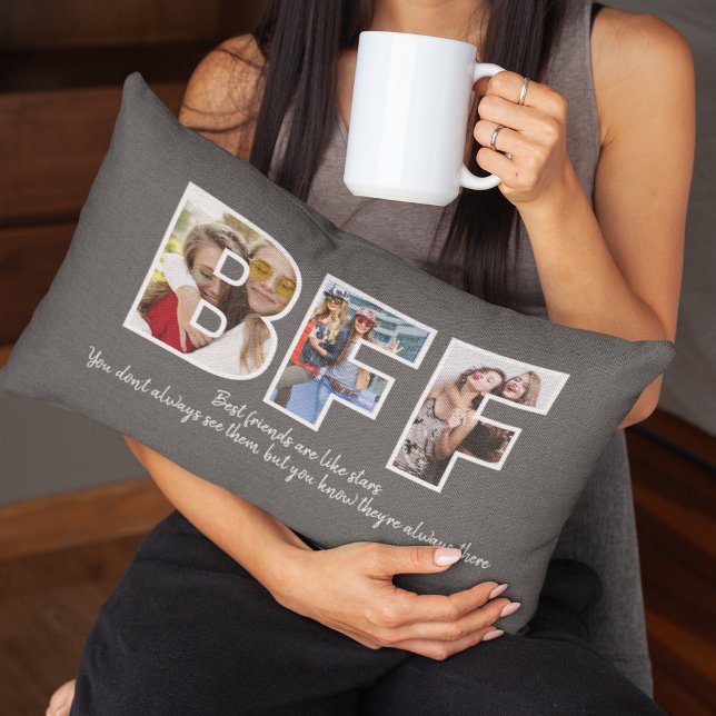 Custom BFF Besties Best Friends Photo Collage Grey Lumbar Cushion (Hug your BFF vibes! Our custom photo collage lumbar pillow in chic grey—celebrating besties)