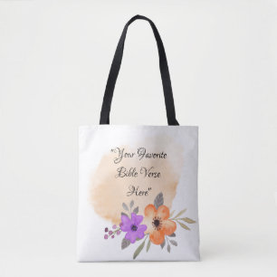 Custom Bible Verse on Peach Background and Flower Tote Bag
