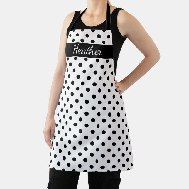 Custom big black & white polkadots pattern kitchen apron (Insitu)