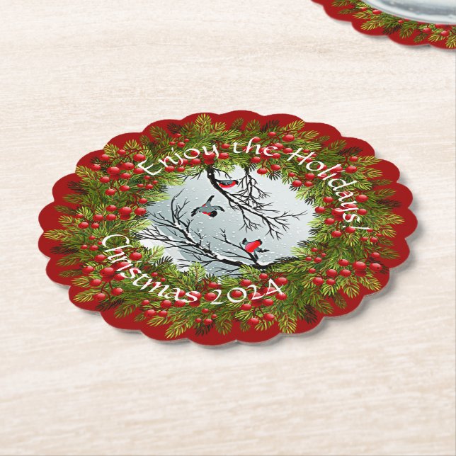 Custom Birds In Snow Pine Needles Red Berries Paper Coaster (Angled)