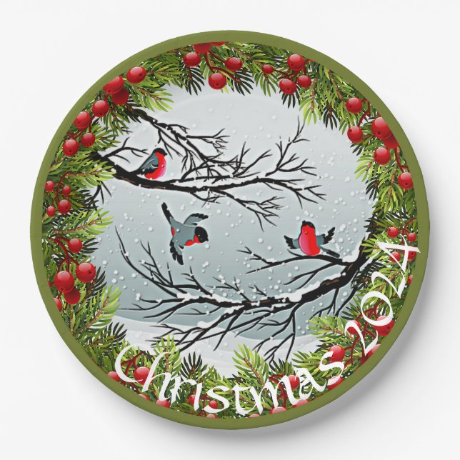 Custom Birds In Snow Pine Needles Red Berries Paper Plate (Front)