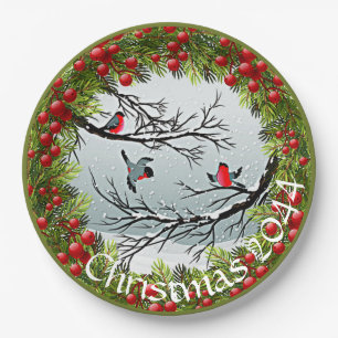 Custom Birds In Snow Pine Needles Red Berries Paper Plate
