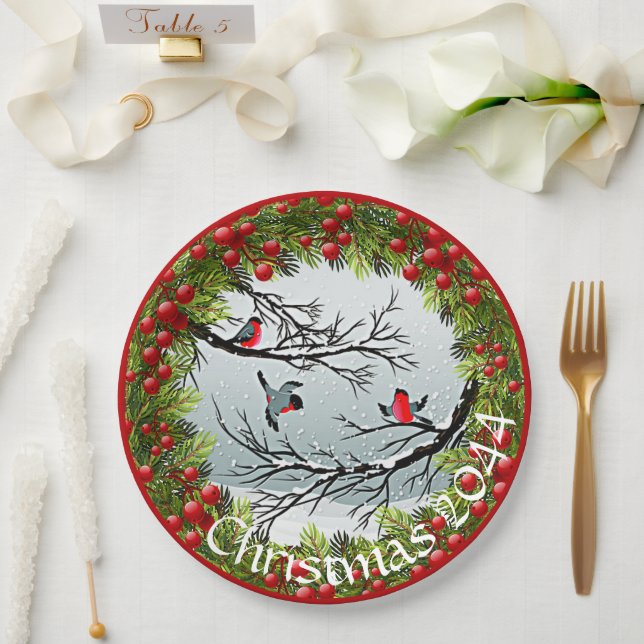 Custom Birds In Snow Pine Needles Red Berries Paper Plate (Wedding)