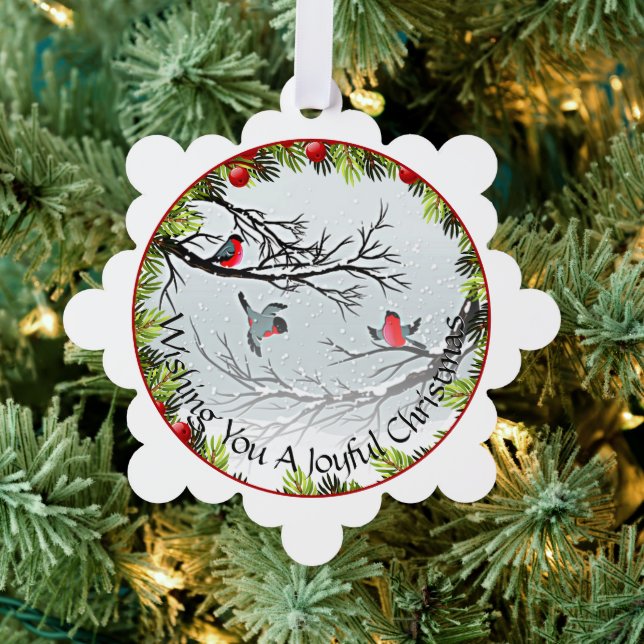 Custom Birds In Snow Pine Needles Red Berries Tree Decoration Card (Insitu (Tree))