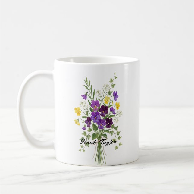 Custom Birth Flower Violet Personalised Mug (Left)