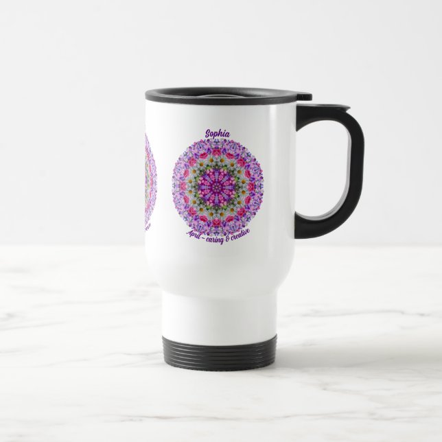 Custom Birth Month Flower April Mandala Zen Art Travel Mug (Right)