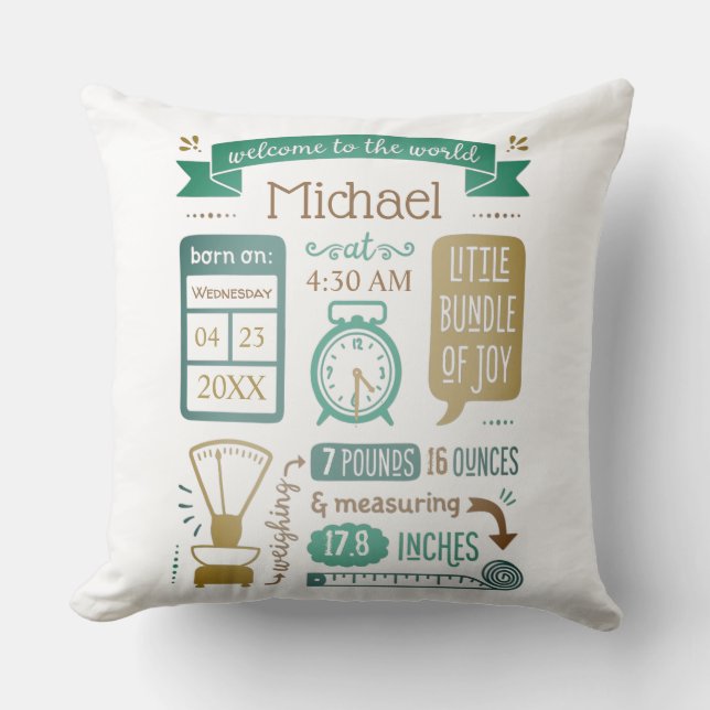 Custom Birth Stats Keepsake Throw Pillow (Front)