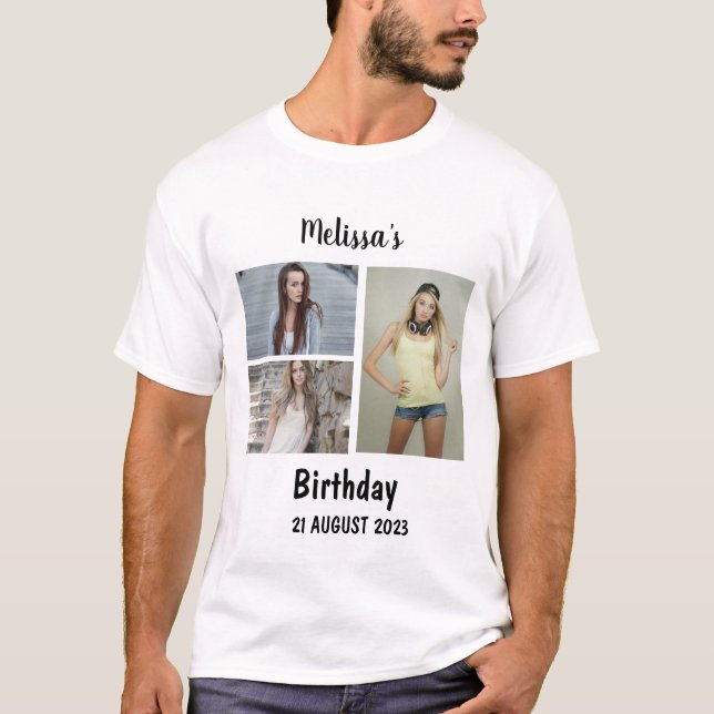Custom Birthday 3 Photo Collage T-Shirt (Front)