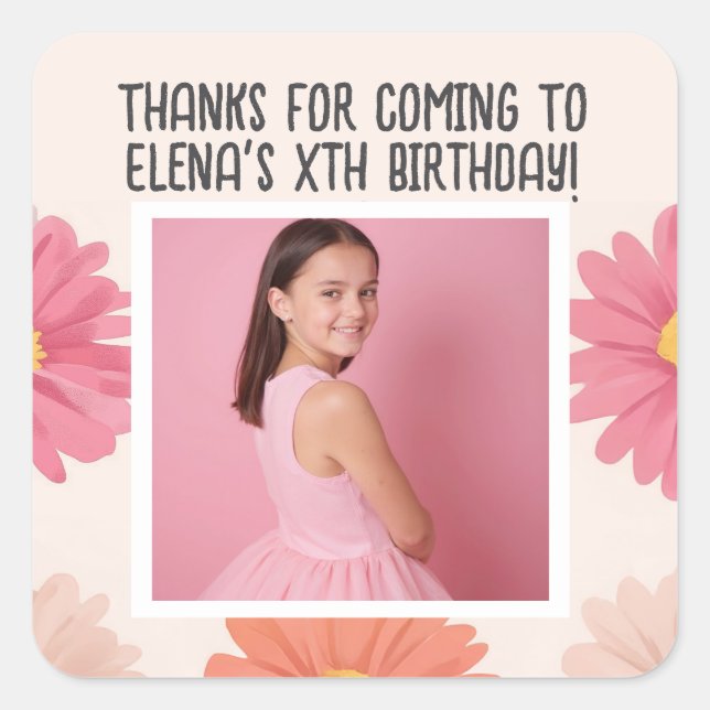 Custom Birthday Add Photo Name Age Thanks Floral Square Sticker (Front)