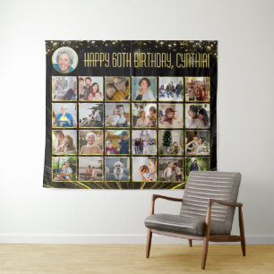 Custom Birthday Banner, Black Gold Photo Collage Tapestry