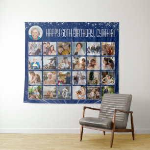 Custom Birthday Banner, Blue Silver Photo Collage Tapestry