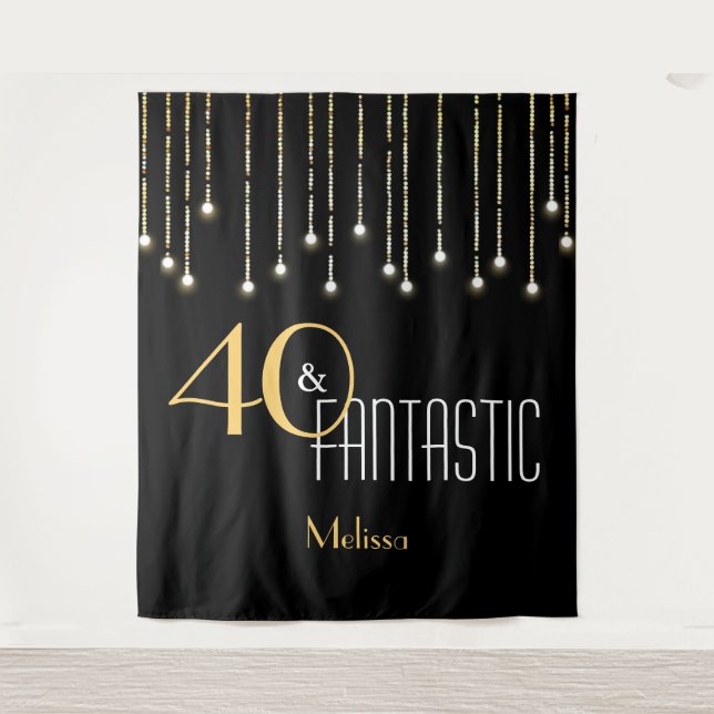 Custom Birthday Black Gold Photo Booth Backdrop Tapestry (Front)