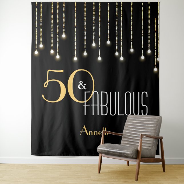 Custom Birthday Black Gold Photo Booth Backdrop Tapestry (In Situ)