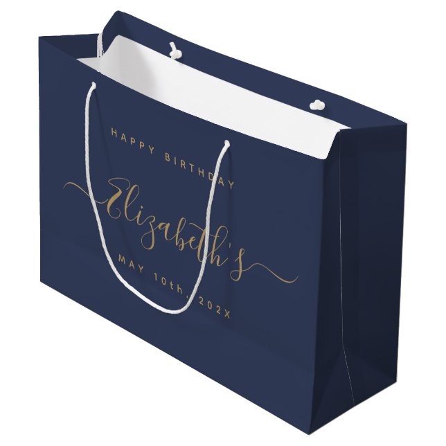 Custom  Birthday Blue and Gold Large Gift Bag (Front Angled)
