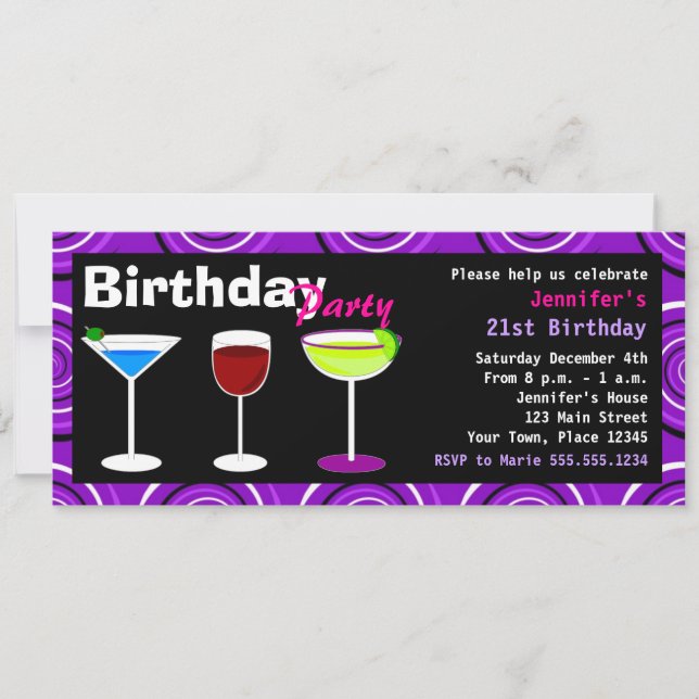 Custom Birthday Cocktail Party Invite Purple Swirl (Front)