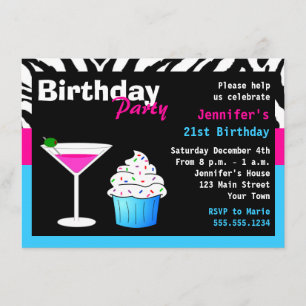 Custom Birthday Cocktail Party Pink & Blue Zebra Invitation