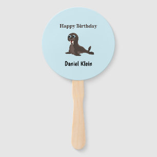 Custom birthday cute grey seal blue hand fan