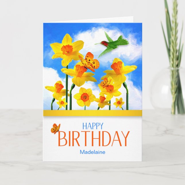 Custom Birthday Daffodils and Hummingbird Card (Front)