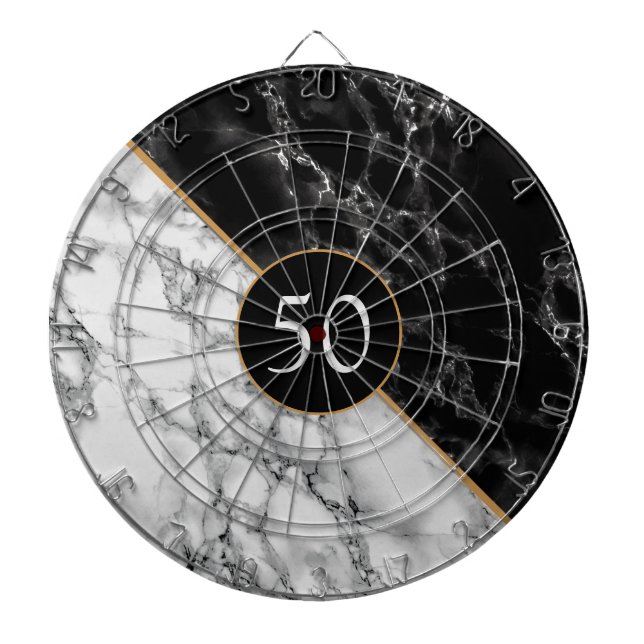 Custom Birthday Dart Board Gift Black White Marble (Front)