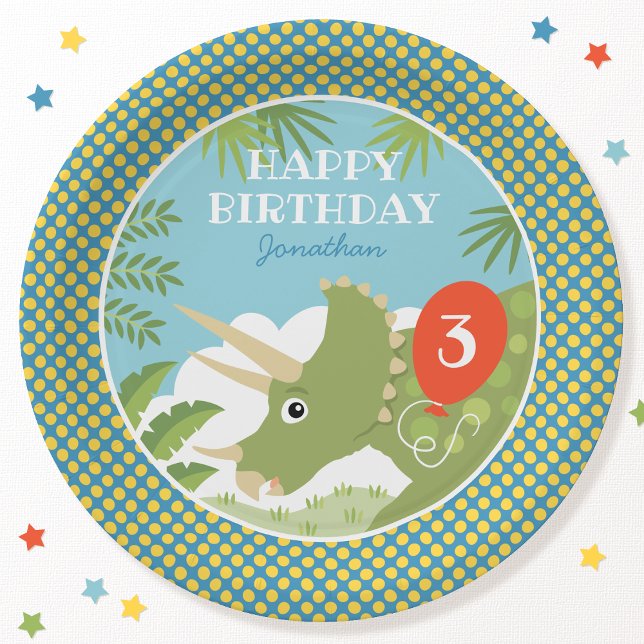 Custom Birthday Dinosaur Triceratops Any Age Blue Paper Plate (Creator Uploaded)