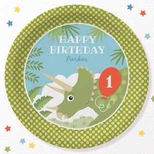 Custom Birthday Dinosaur Triceratops Any Age Green Paper Plate