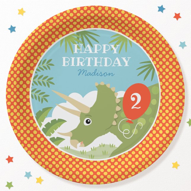 Custom Birthday Dinosaur Triceratops Any Age Red Paper Plate (Creator Uploaded)