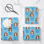 Custom Birthday Gift Wrapping Paper Party Hat Blue<br><div class="desc">Customise this blue wrapping paper with a friend or family member's face. Further personalise the gift wrap with their name and if you'd like, add their birthday age. For best results, add a close up photo of their full face and hair. Prior to uploading the photo, crop the photo into...</div>