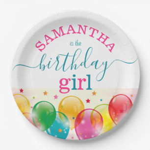 Custom Birthday Girl Festive Colourful Pink/Teal Paper Plate